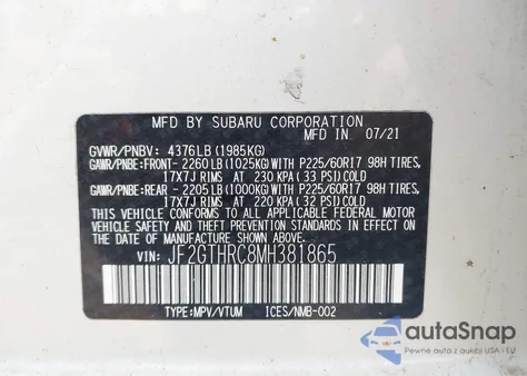 2021 Subaru Crosstrek Sport from USA, damaged, VIN JF2GTHRC8MH381865
